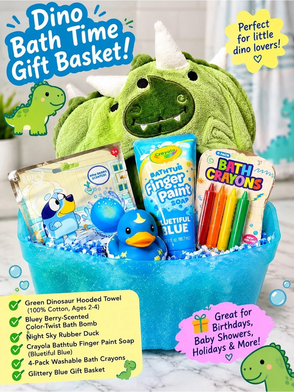 Dinosaur Bath Time Gift Basket Bluey Towel Duck Bath Toy Set